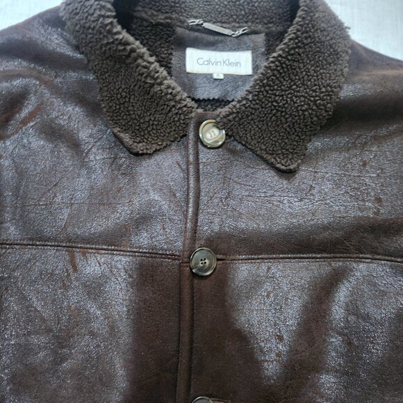 Calvin Klein Coat Mens Size XL Brown Button Up Polyester Faux Sherpa Lining - Picture 6 of 10